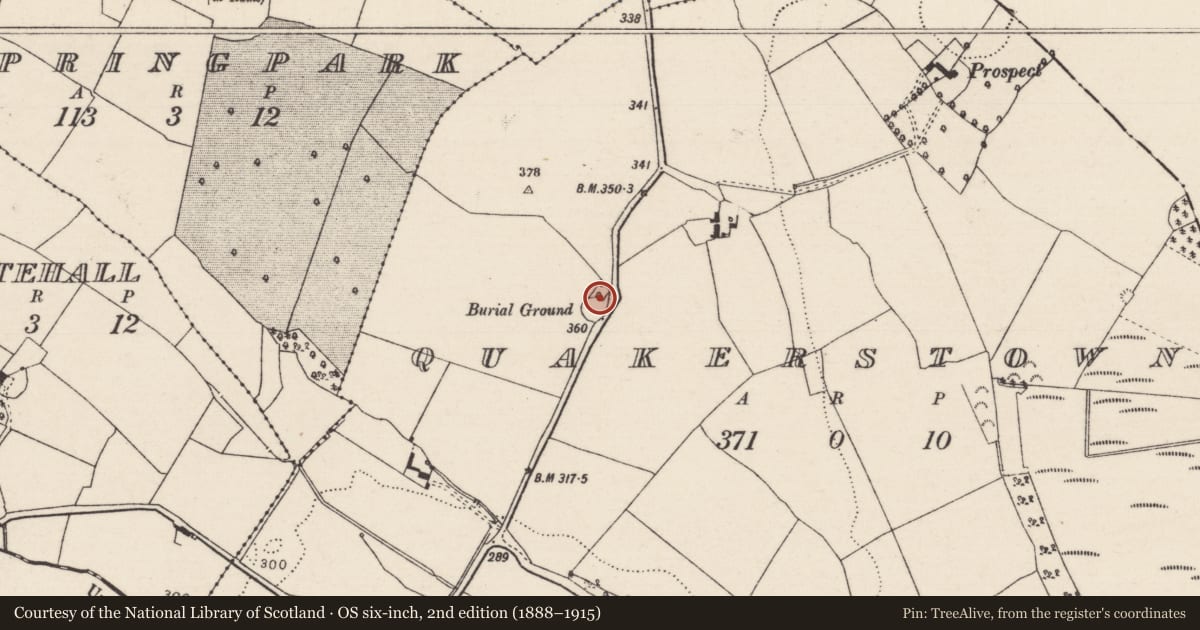 Ordnance Survey six-inch map, 2nd edition (1888–1915) covering the location of Burial ground, Quakerstown, County Tipperary North, with a pin at the register's coordinates