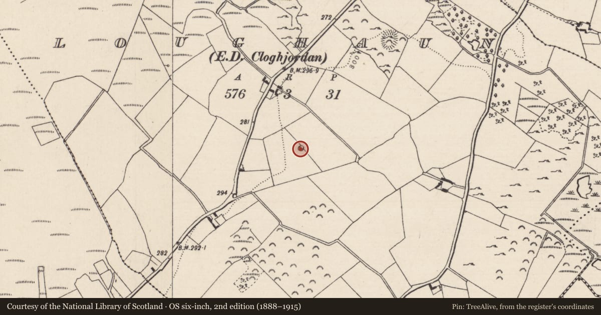 Ordnance Survey six-inch map, 2nd edition (1888–1915) covering the location of Mound, Loughaun (Modreeny Par.), County Tipperary North, with a pin at the register's coordinates