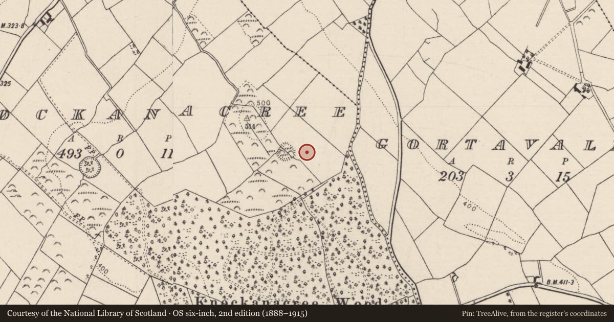Ordnance Survey six-inch map, 2nd edition (1888–1915) covering the location of Earthwork, Knockanacree, County Tipperary North, with a pin at the register's coordinates