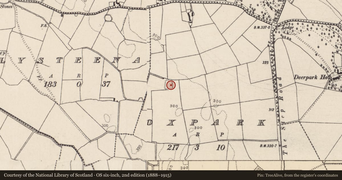 Ordnance Survey six-inch map, 2nd edition (1888–1915) covering the location of Moated site, Oxpark, County Tipperary North, with a pin at the register's coordinates