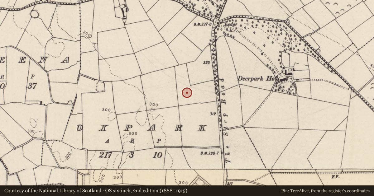 Ordnance Survey six-inch map, 2nd edition (1888–1915) covering the location of Barrow - ditch barrow, Oxpark, County Tipperary North, with a pin at the register's coordinates