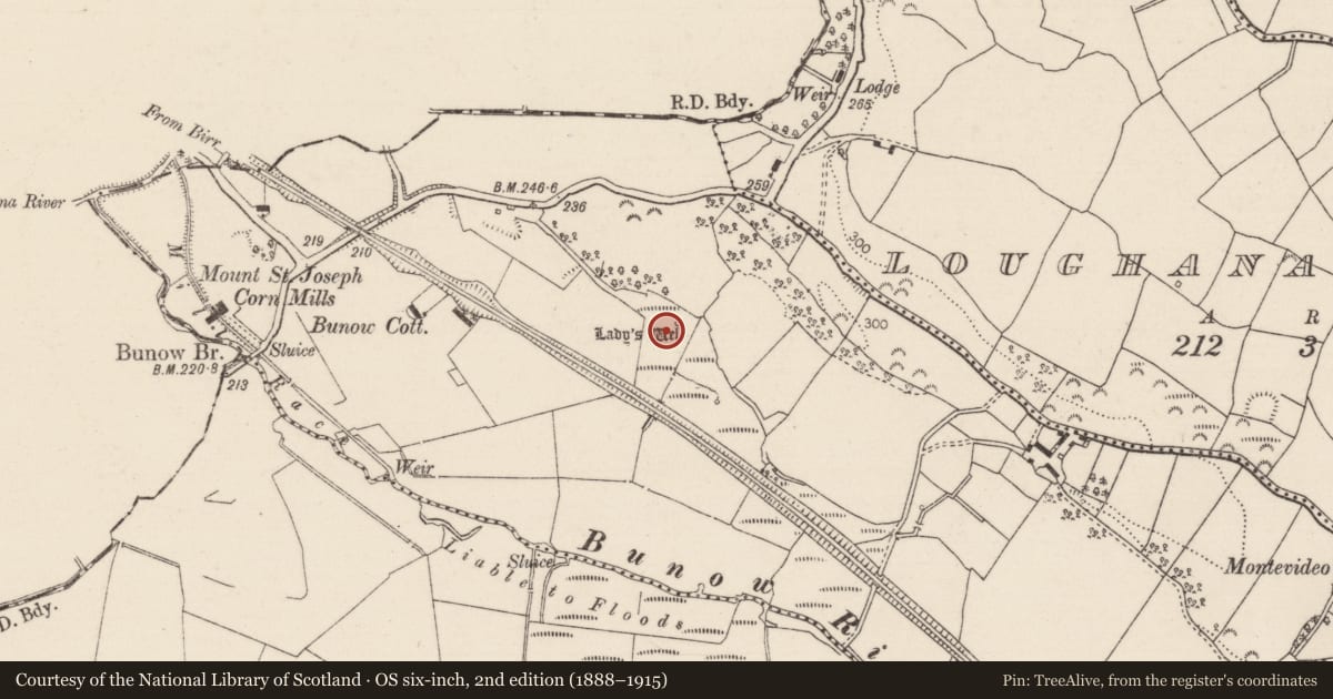 Ordnance Survey six-inch map, 2nd edition (1888–1915) covering the location of Ritual site - holy well, Clybanane, County Tipperary North, with a pin at the register's coordinates