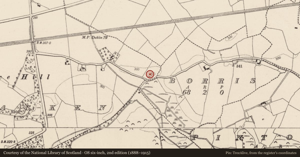 Ordnance Survey six-inch map, 2nd edition (1888–1915) covering the location of Barrow - ring-barrow, Cloncracken, County Tipperary North, with a pin at the register's coordinates