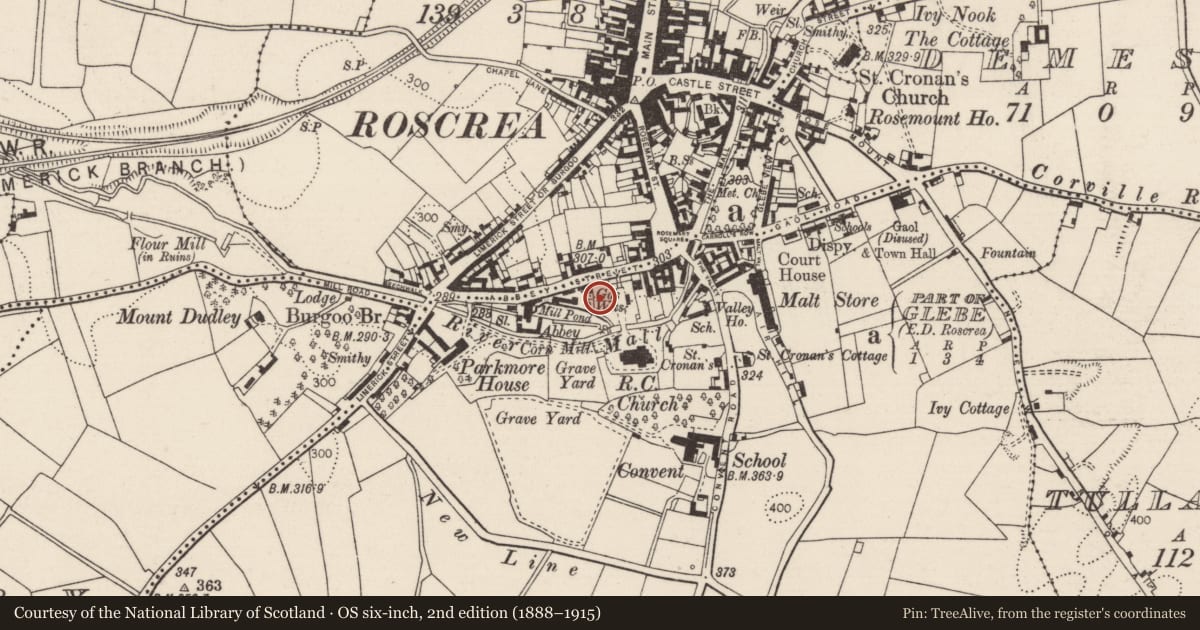 Ordnance Survey six-inch map, 2nd edition (1888–1915) covering the location of Graveyard, Parkmore, County Tipperary North, with a pin at the register's coordinates