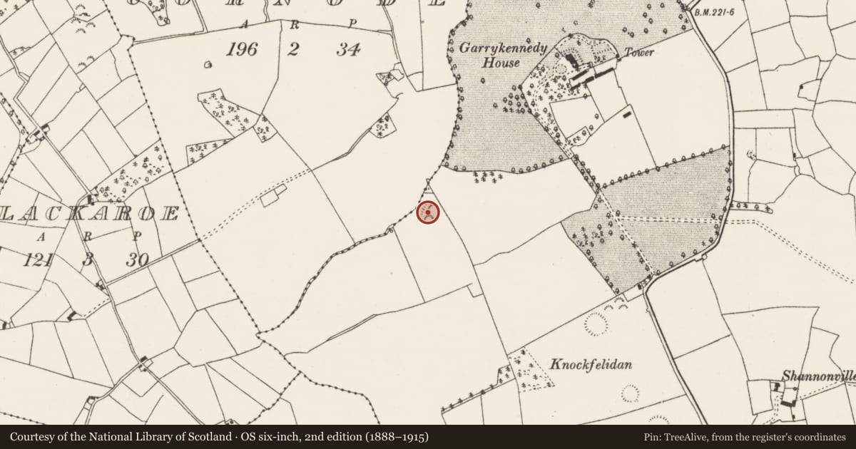 Ordnance Survey six-inch map, 2nd edition (1888–1915) covering the location of Burial ground, Garrykennedy, County Tipperary North, with a pin at the register's coordinates