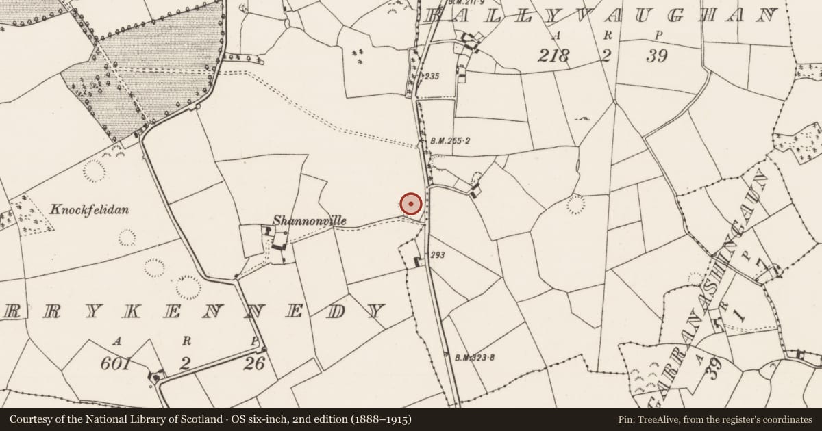 Ordnance Survey six-inch map, 2nd edition (1888–1915) covering the location of Ringfort - rath, Garrykennedy, County Tipperary North, with a pin at the register's coordinates