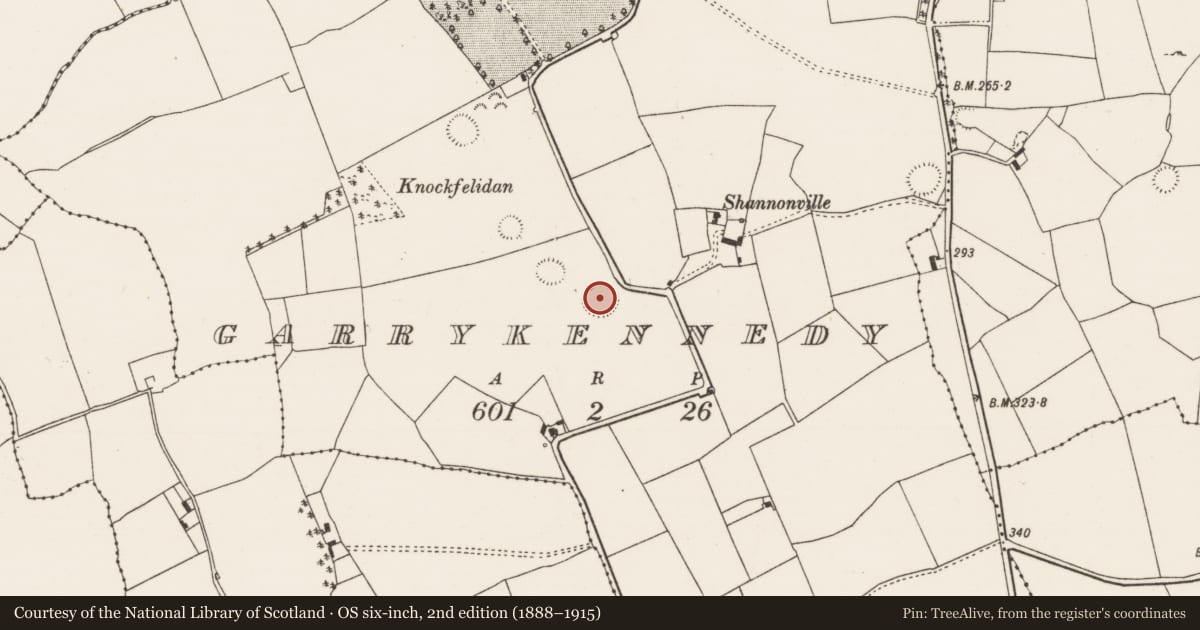 Ordnance Survey six-inch map, 2nd edition (1888–1915) covering the location of Ringfort - rath, Garrykennedy, County Tipperary North, with a pin at the register's coordinates