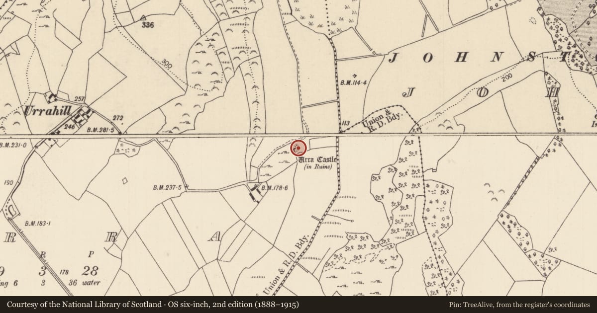 Ordnance Survey six-inch map, 2nd edition (1888–1915) covering the location of Castle - tower house, Urra, County Tipperary North, with a pin at the register's coordinates