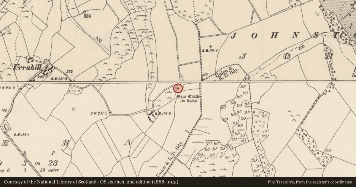 Ordnance Survey six-inch map, 2nd edition (1888–1915) covering the location of Bawn, Urra, County Tipperary North, with a pin at the register's coordinates