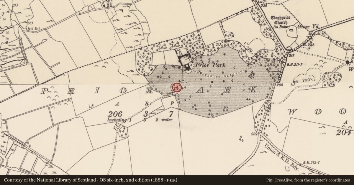 Ordnance Survey six-inch map, 2nd edition (1888–1915) covering the location of Enclosure, Priorpark, County Tipperary North, with a pin at the register's coordinates