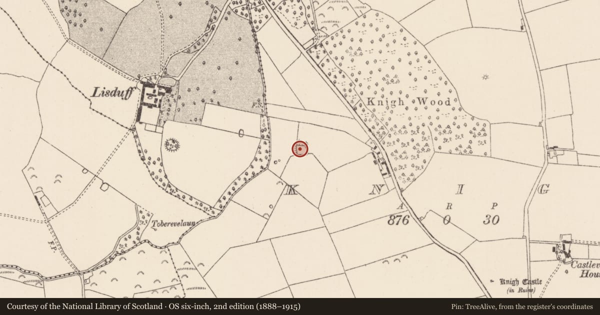 Ordnance Survey six-inch map, 2nd edition (1888–1915) covering the location of Moated site, Knigh, County Tipperary North, with a pin at the register's coordinates
