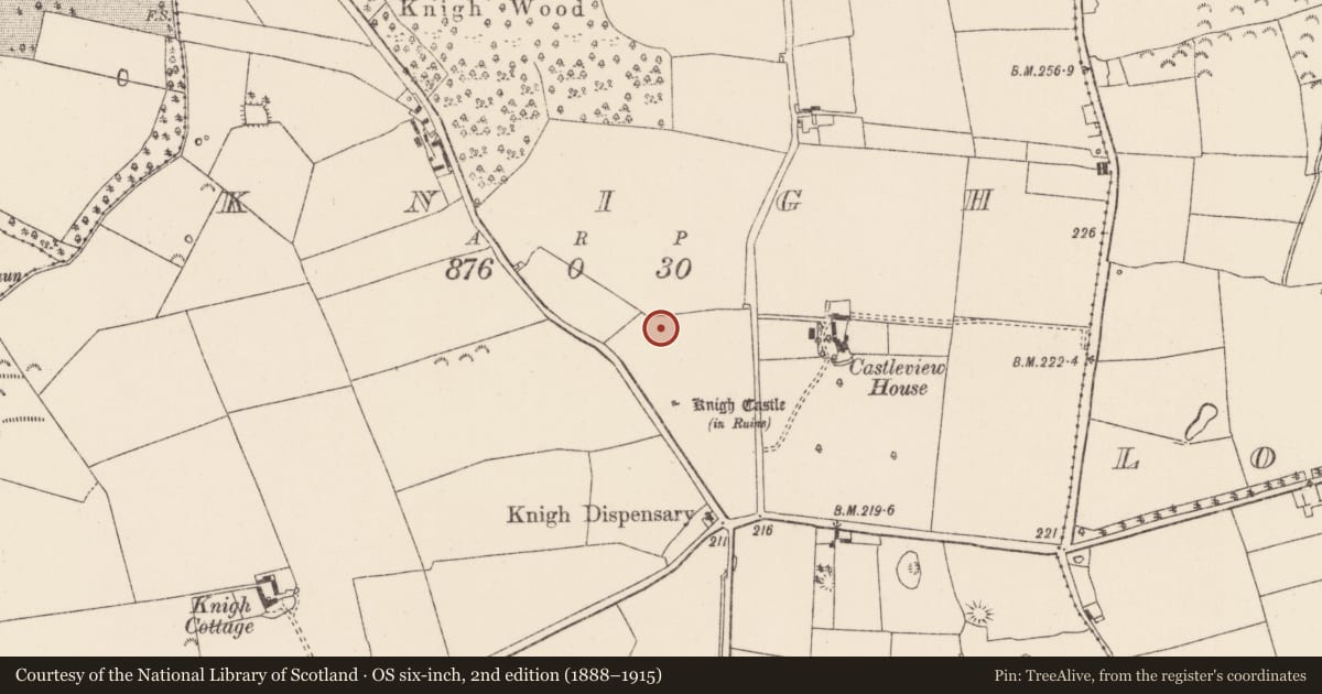 Ordnance Survey six-inch map, 2nd edition (1888–1915) covering the location of Moated site, Knigh, County Tipperary North, with a pin at the register's coordinates