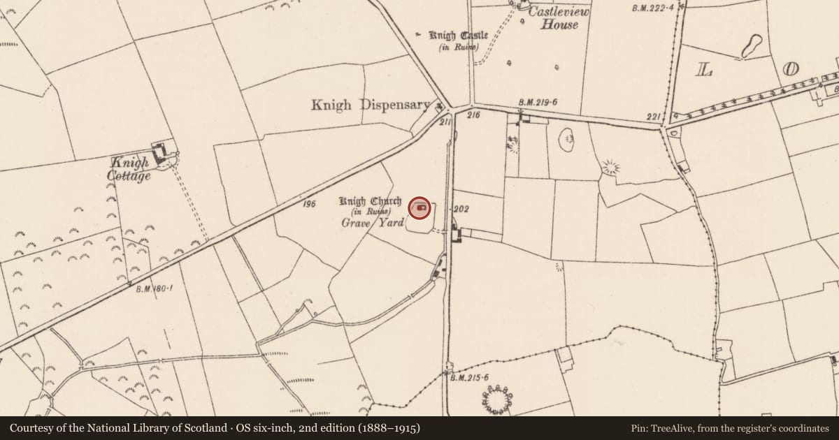 Ordnance Survey six-inch map, 2nd edition (1888–1915) covering the location of Church, Knigh, County Tipperary North, with a pin at the register's coordinates
