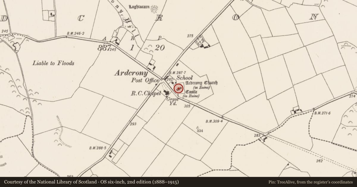 Ordnance Survey six-inch map, 2nd edition (1888–1915) covering the location of Church, Ardcrony, County Tipperary North, with a pin at the register's coordinates