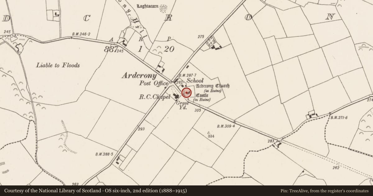 Ordnance Survey six-inch map, 2nd edition (1888–1915) covering the location of Castle - tower house, Ardcrony, County Tipperary North, with a pin at the register's coordinates