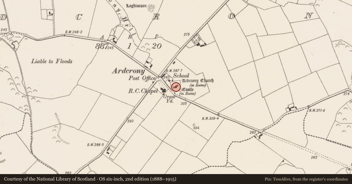 Ordnance Survey six-inch map, 2nd edition (1888–1915) covering the location of Graveyard, Ardcrony, County Tipperary North, with a pin at the register's coordinates