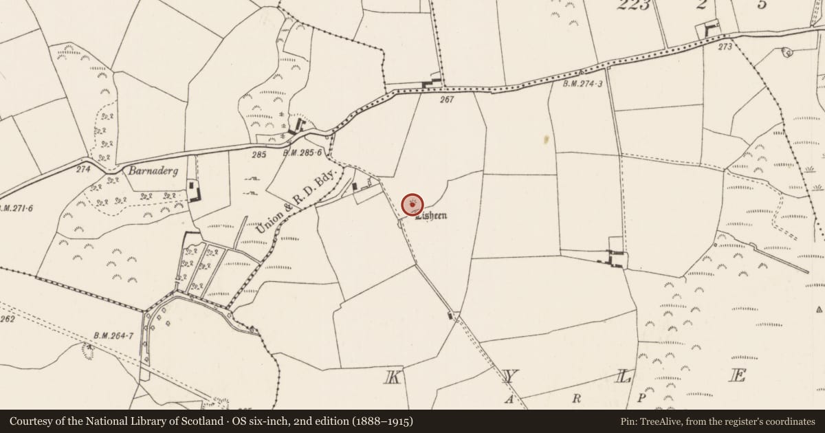Ordnance Survey six-inch map, 2nd edition (1888–1915) covering the location of Barrow - bowl-barrow, Kyle (Ardcrony Par.), County Tipperary North, with a pin at the register's coordinates