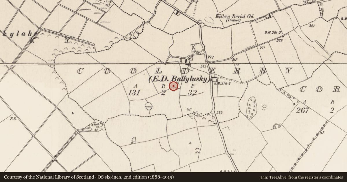 Ordnance Survey six-inch map, 2nd edition (1888–1915) covering the location of Ringfort - cashel, Coolderry (Modreeny Par.), County Tipperary North, with a pin at the register's coordinates