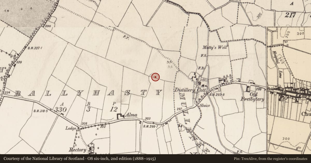 Ordnance Survey six-inch map, 2nd edition (1888–1915) covering the location of Enclosure, Ballyhasty, County Tipperary North, with a pin at the register's coordinates