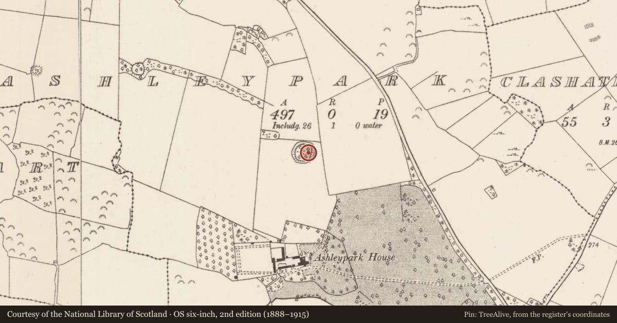 Ordnance Survey six-inch map, 2nd edition (1888–1915) covering the location of Enclosure, Ashleypark (Ardcrony Par.), County Tipperary North, with a pin at the register's coordinates