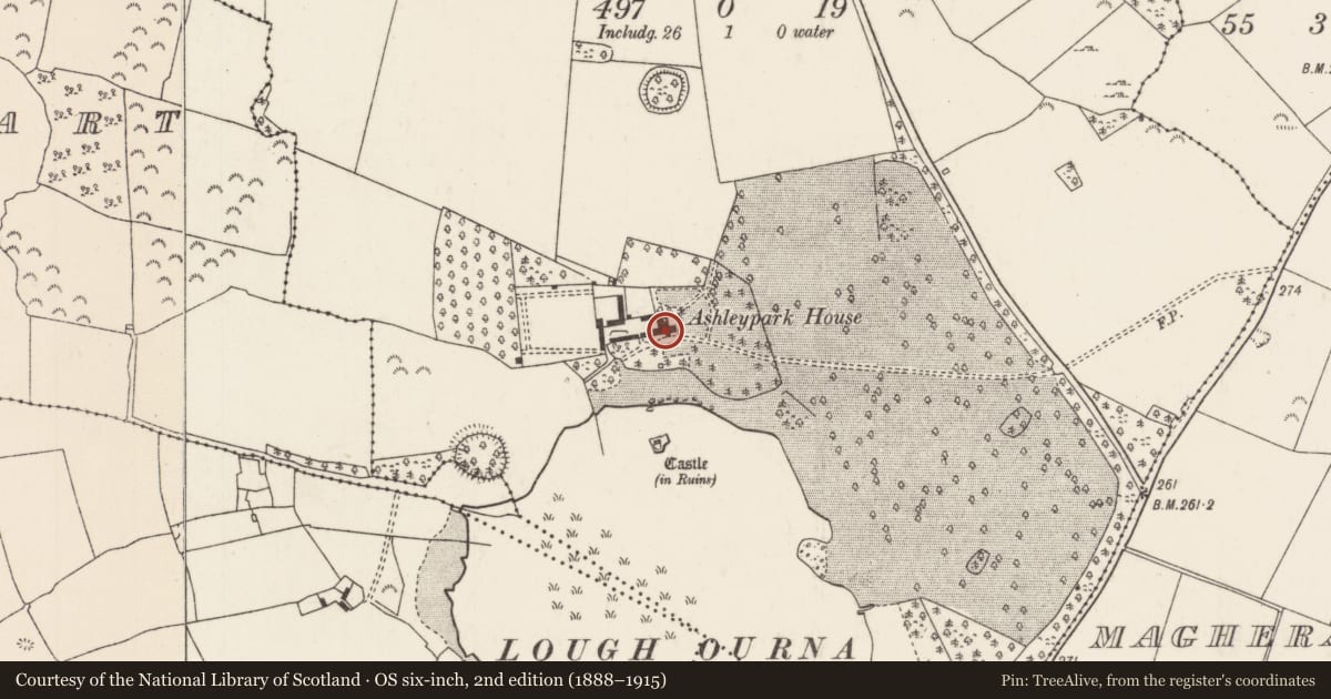 Ordnance Survey six-inch map, 2nd edition (1888–1915) covering the location of House - 19th century, Ashleypark (Ardcrony Par.), County Tipperary North, with a pin at the register's coordinates