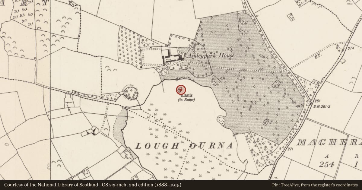 Ordnance Survey six-inch map, 2nd edition (1888–1915) covering the location of Crannog, Ashleypark (Ardcrony Par.), County Tipperary North, with a pin at the register's coordinates