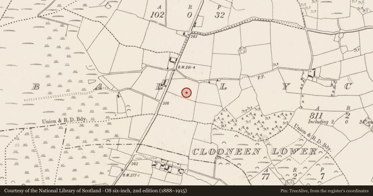 Ordnance Survey six-inch map, 2nd edition (1888–1915) covering the location of Enclosure, Ballycapple, County Tipperary North, with a pin at the register's coordinates