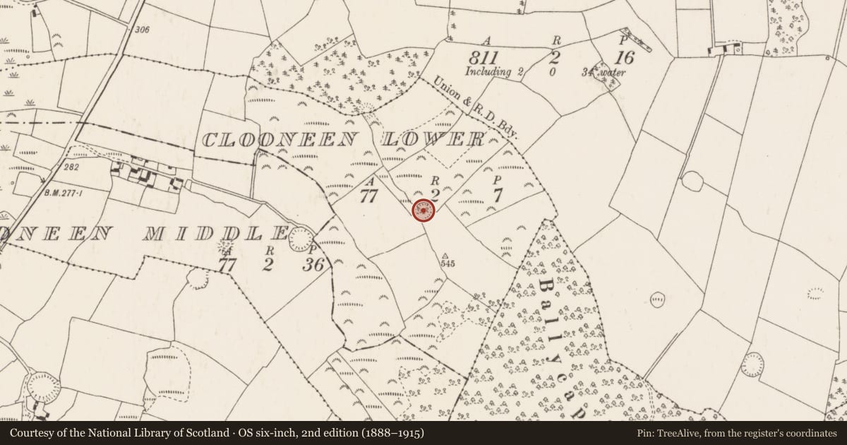 Ordnance Survey six-inch map, 2nd edition (1888–1915) covering the location of Ringfort - rath, Clooneen Lower, County Tipperary North, with a pin at the register's coordinates