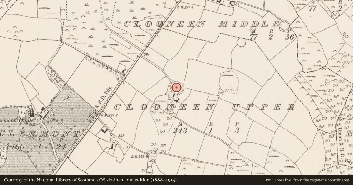 Ordnance Survey six-inch map, 2nd edition (1888–1915) covering the location of Ringfort - rath, Clooneen Upper, County Tipperary North, with a pin at the register's coordinates