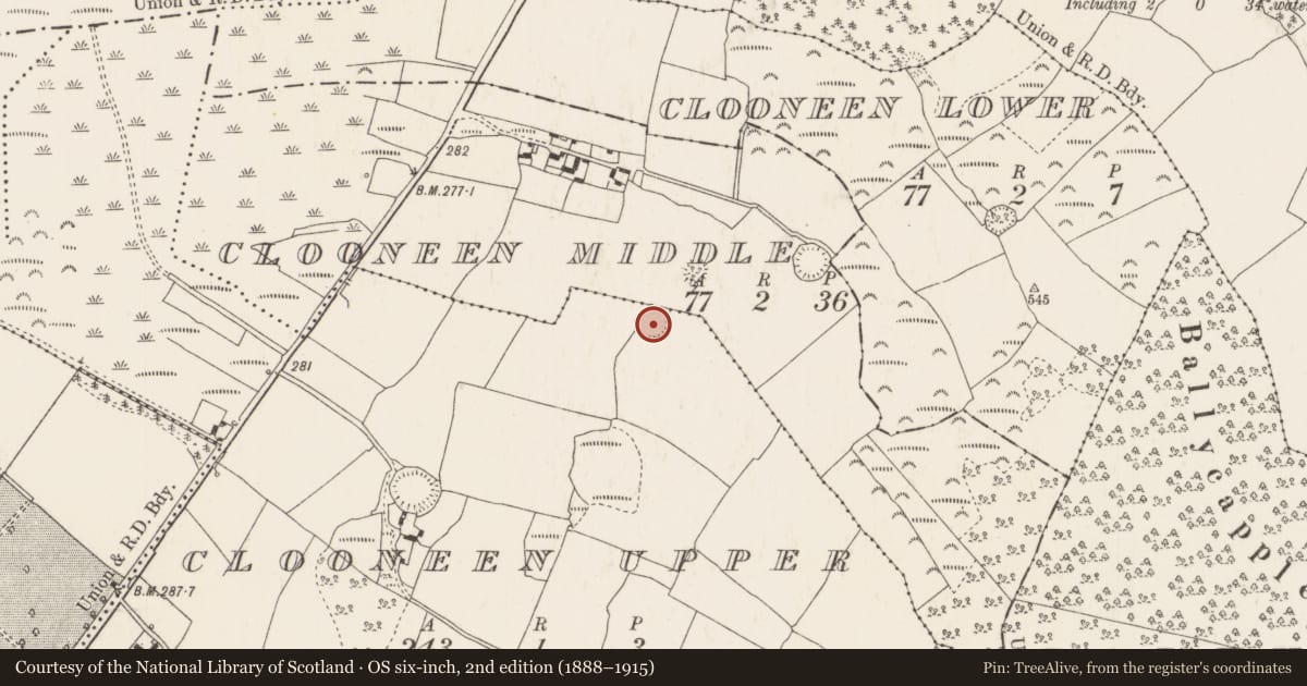 Ordnance Survey six-inch map, 2nd edition (1888–1915) covering the location of Ringfort - rath, Clooneen Middle, Clooneen Upper, County Tipperary North, with a pin at the register's coordinates