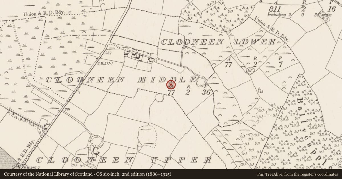 Ordnance Survey six-inch map, 2nd edition (1888–1915) covering the location of Ringfort - rath, Clooneen Middle, County Tipperary North, with a pin at the register's coordinates