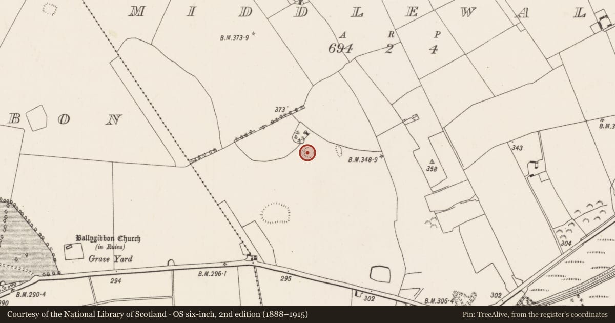 Ordnance Survey six-inch map, 2nd edition (1888–1915) covering the location of Ringfort - rath, Middlewalk, County Tipperary North, with a pin at the register's coordinates