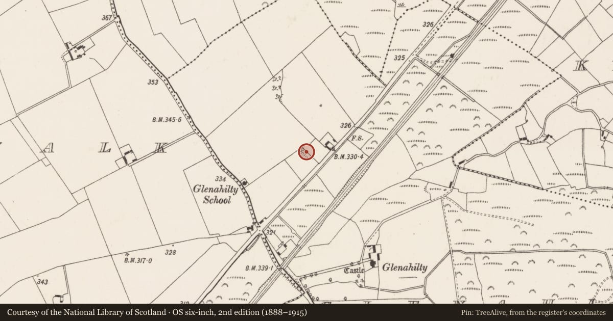 Ordnance Survey six-inch map, 2nd edition (1888–1915) covering the location of Ringfort - rath, Glenahilty, County Tipperary North, with a pin at the register's coordinates