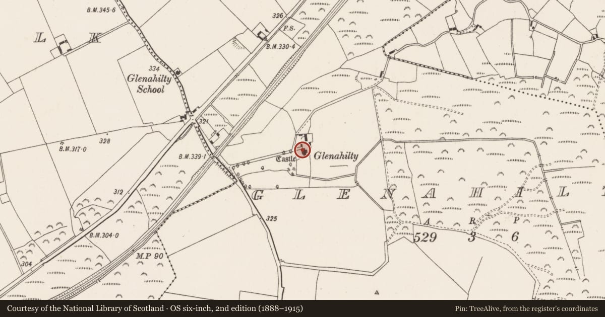 Ordnance Survey six-inch map, 2nd edition (1888–1915) covering the location of Castle - tower house, Glenahilty, County Tipperary North, with a pin at the register's coordinates