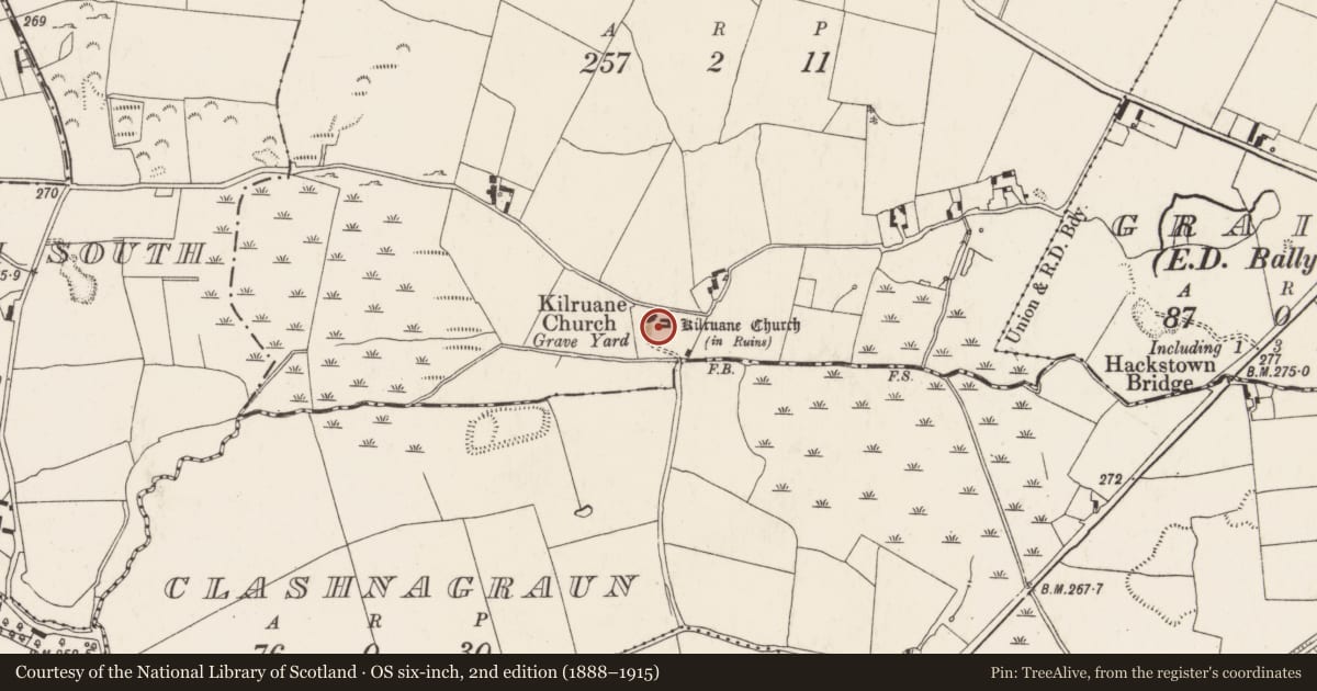 Ordnance Survey six-inch map, 2nd edition (1888–1915) covering the location of Bullaun stone, Kilruane, County Tipperary North, with a pin at the register's coordinates