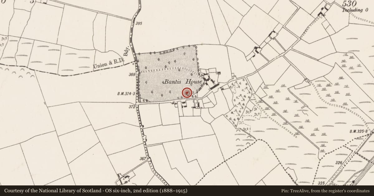 Ordnance Survey six-inch map, 2nd edition (1888–1915) covering the location of Barrow - ring-barrow, Bantis, County Tipperary North, with a pin at the register's coordinates