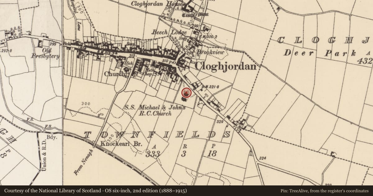 Ordnance Survey six-inch map, 2nd edition (1888–1915) covering the location of Bullaun stone (present location), Townfields, County Tipperary North, with a pin at the register's coordinates