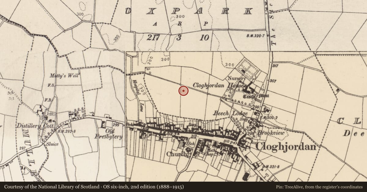Ordnance Survey six-inch map, 2nd edition (1888–1915) covering the location of Burnt spread, Oxpark, County Tipperary North, with a pin at the register's coordinates