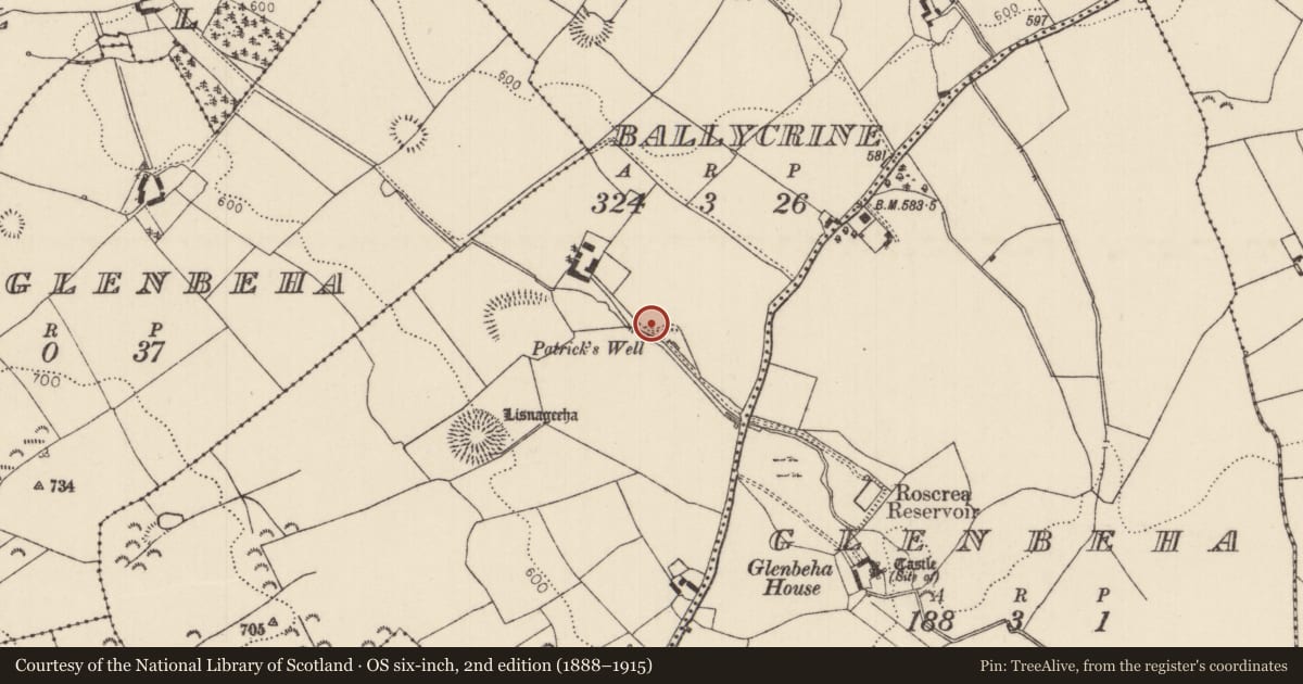 Ordnance Survey six-inch map, 2nd edition (1888–1915) covering the location of Ritual site - holy well, Ballycrine, County Tipperary North, with a pin at the register's coordinates