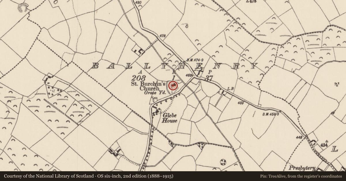 Ordnance Survey six-inch map, 2nd edition (1888–1915) covering the location of Church, Ballyhenry, County Tipperary North, with a pin at the register's coordinates