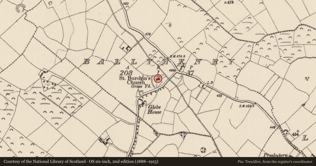 Ordnance Survey six-inch map, 2nd edition (1888–1915) covering the location of Graveyard, Ballyhenry, County Tipperary North, with a pin at the register's coordinates