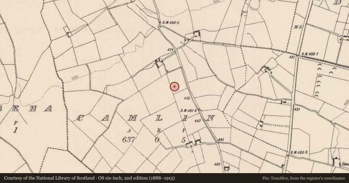 Ordnance Survey six-inch map, 2nd edition (1888–1915) covering the location of Kiln, Camlin, County Tipperary North, with a pin at the register's coordinates