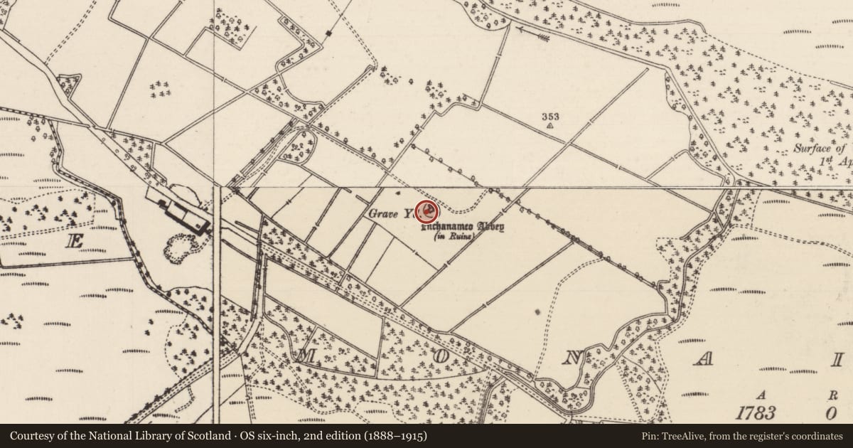 Ordnance Survey six-inch map, 2nd edition (1888–1915) covering the location of Graveyard, Monaincha, County Tipperary North, with a pin at the register's coordinates