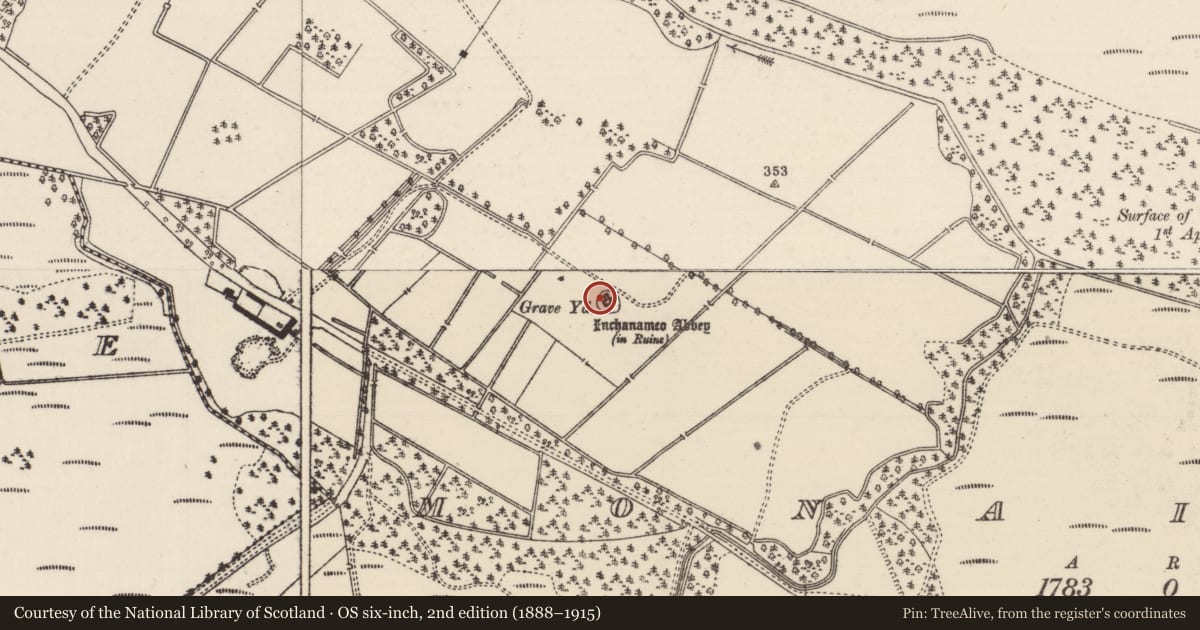 Ordnance Survey six-inch map, 2nd edition (1888–1915) covering the location of Inscribed slab, Monaincha, County Tipperary North, with a pin at the register's coordinates