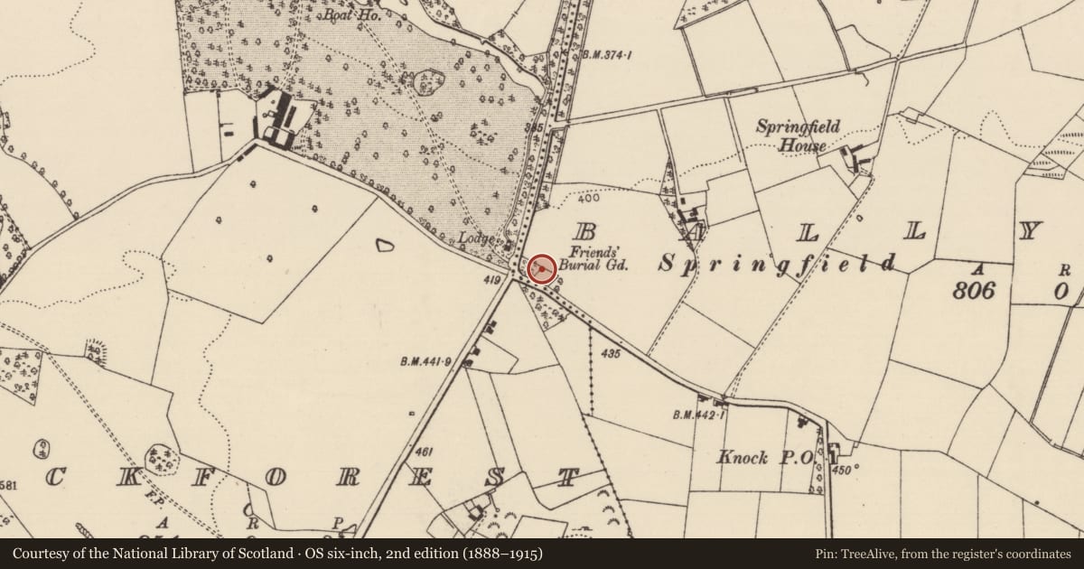 Ordnance Survey six-inch map, 2nd edition (1888–1915) covering the location of Burial ground, Ballykelly (Bourney Par.), County Tipperary North, with a pin at the register's coordinates
