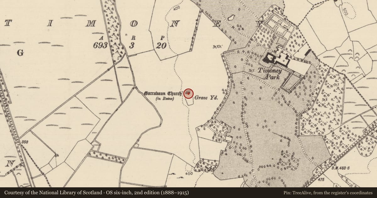 Ordnance Survey six-inch map, 2nd edition (1888–1915) covering the location of Church, Timoney, County Tipperary North, with a pin at the register's coordinates