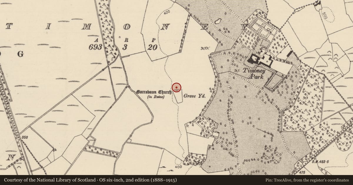 Ordnance Survey six-inch map, 2nd edition (1888–1915) covering the location of Ecclesiastical enclosure, Timoney, County Tipperary North, with a pin at the register's coordinates