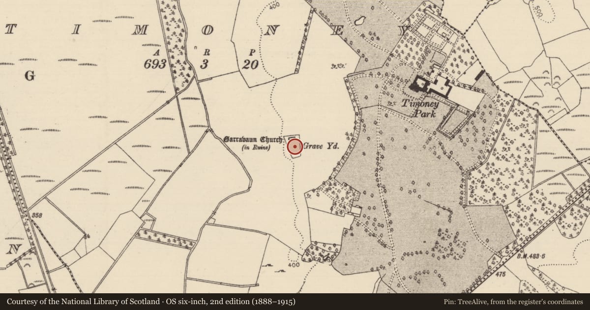 Ordnance Survey six-inch map, 2nd edition (1888–1915) covering the location of Graveyard, Timoney, County Tipperary North, with a pin at the register's coordinates