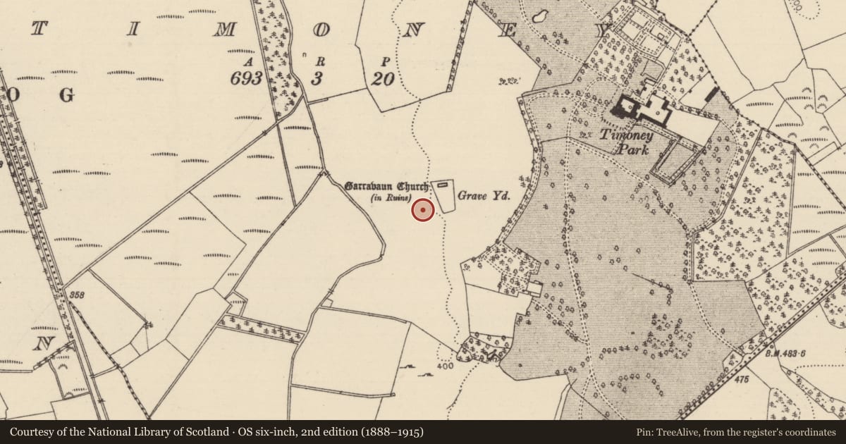 Ordnance Survey six-inch map, 2nd edition (1888–1915) covering the location of Bullaun stone, Timoney, County Tipperary North, with a pin at the register's coordinates
