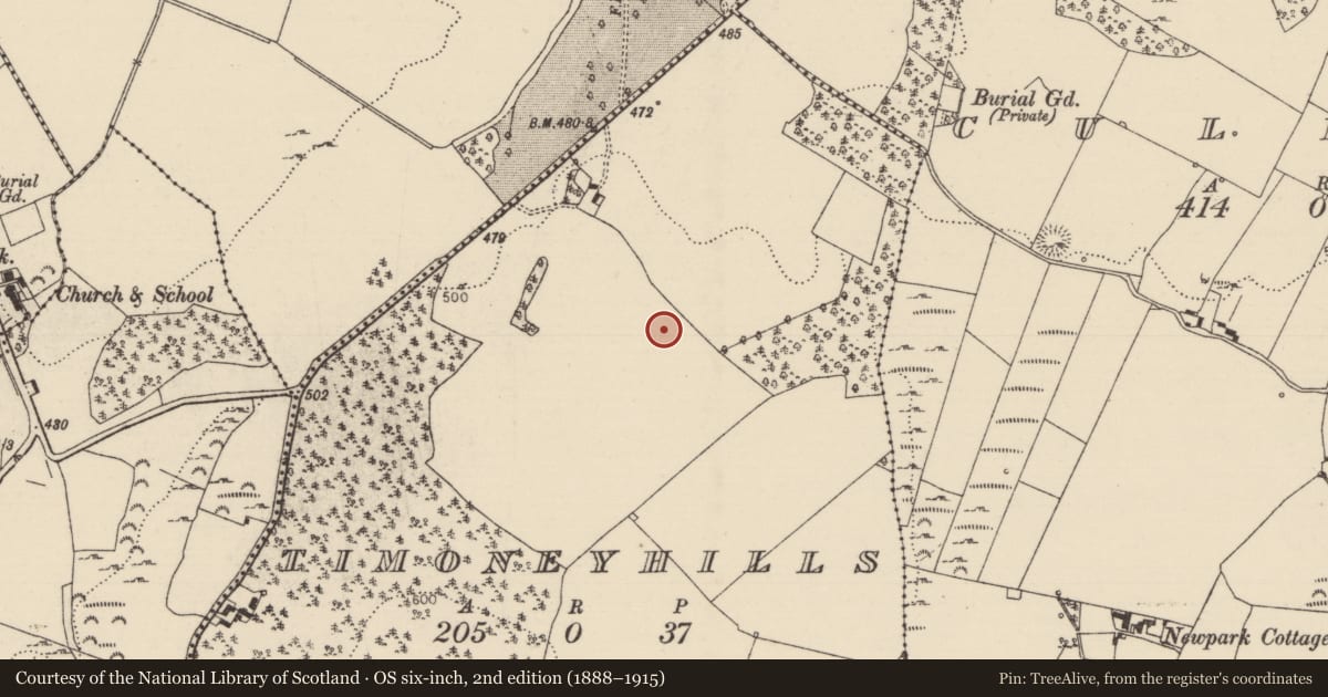 Ordnance Survey six-inch map, 2nd edition (1888–1915) covering the location of Standing stone, Timoney Hills, County Tipperary North, with a pin at the register's coordinates